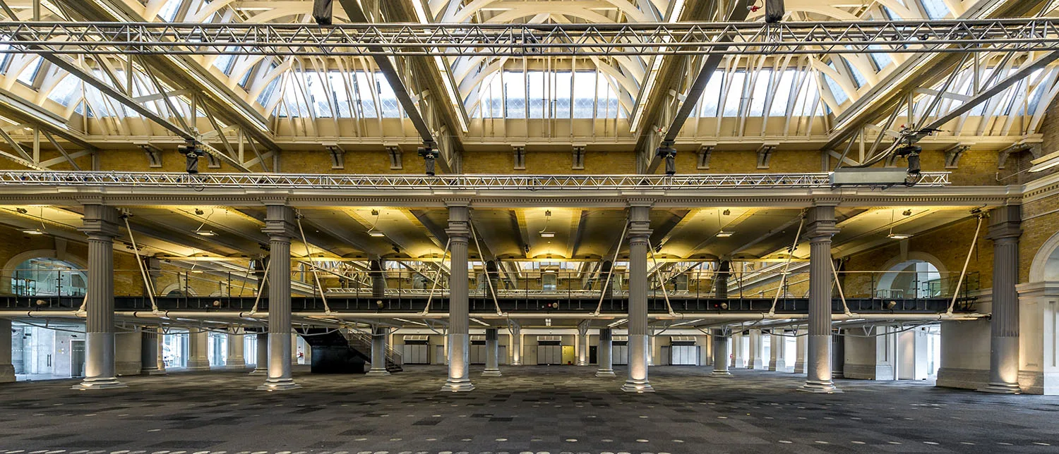 Side view of empty Old Billingsgate grand hall