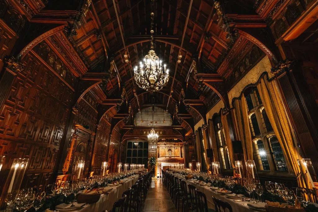 Fishbowl lens view of room set up for dinner with two long tables at Two Temple Place.
