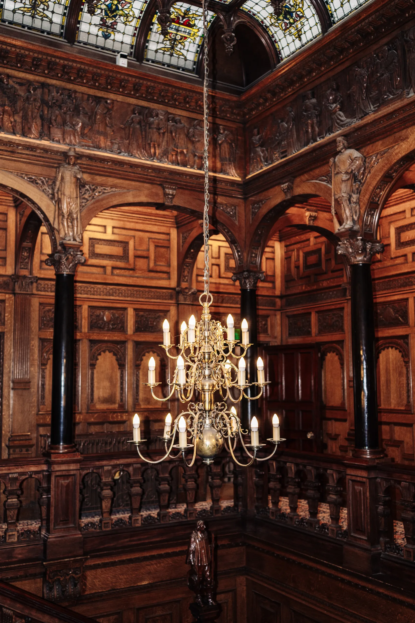 Top floor hanging chandelier inside the staircase space of Two Temple Place